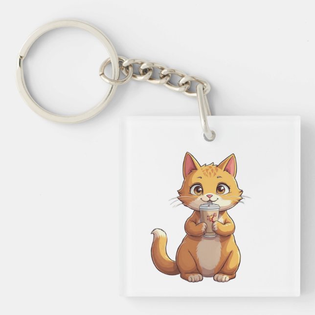 Kitten Sipping Coffee Key Ring (Front)