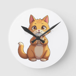 Kitten Sipping Coffee Round Clock