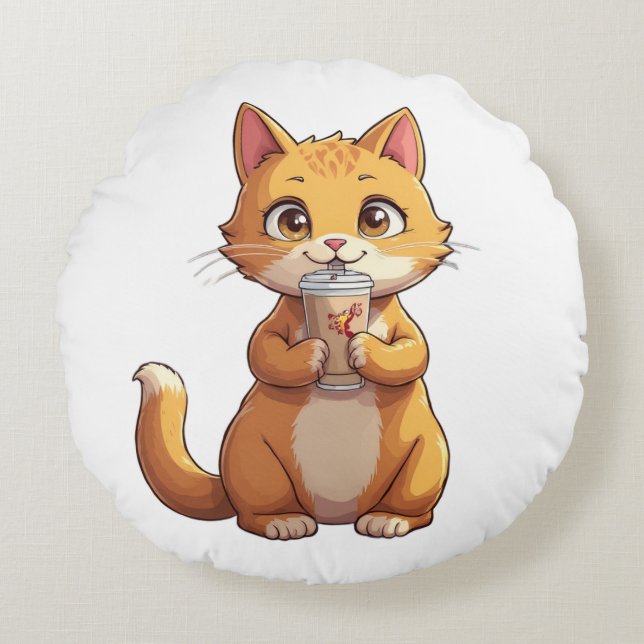 Kitten Sipping Coffee Round Cushion (Front)