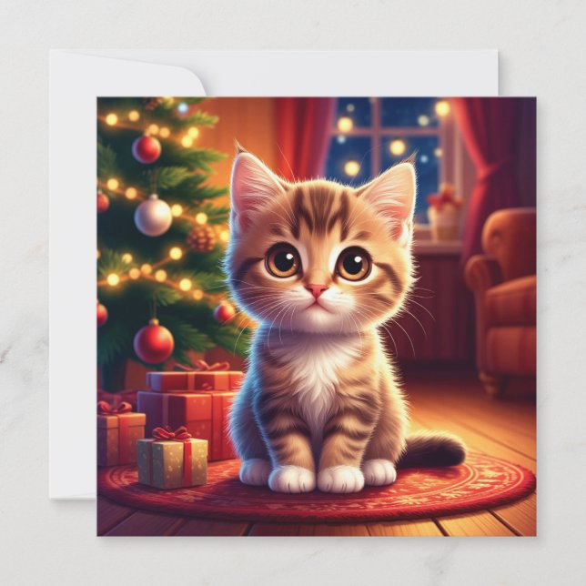 Kitten Sitting Beside Glowing Christmas Tree (Front)