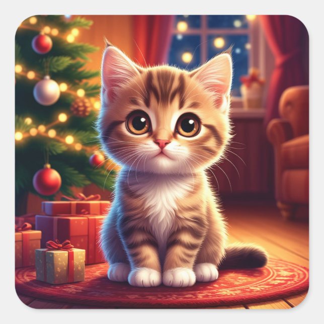 Kitten Sitting Beside Glowing Christmas Tree Square Sticker (Front)