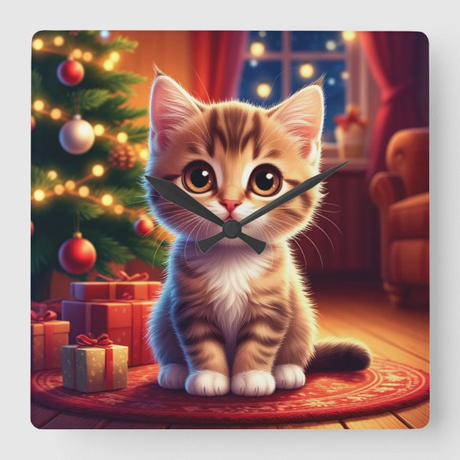 Kitten Sitting Beside Glowing Christmas Tree Square Wall Clock (Front)