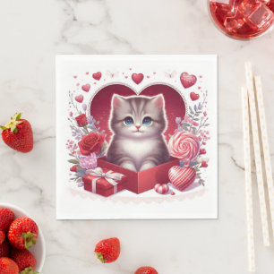 Kitten Sitting in Box With Flowers and Gifts Napkin
