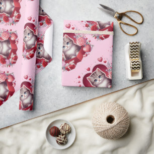 Kitten Sitting in Box With Flowers and Gifts Wrapping Paper