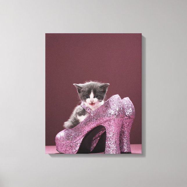 Kitten sitting in glitter shoes canvas print (Front)