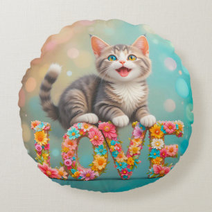 Kitten Sitting on Colourful Flowered LOVE Letters Round Cushion