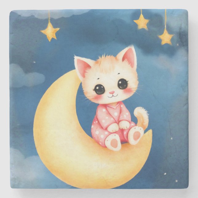 Kitten Sitting on the Moon Stone Coaster (Front)