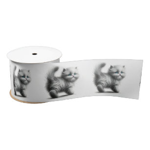 Kitten Sketch On White Satin Ribbon