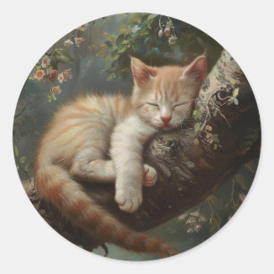 Kitten Sleeping in a Tree Vintage Classic Round Sticker