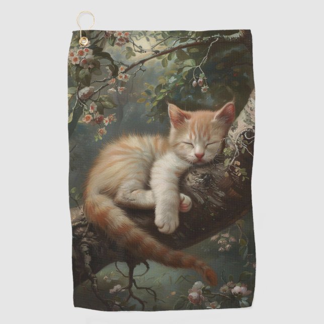 Kitten Sleeping in a Tree Vintage Golf Towel (Front)