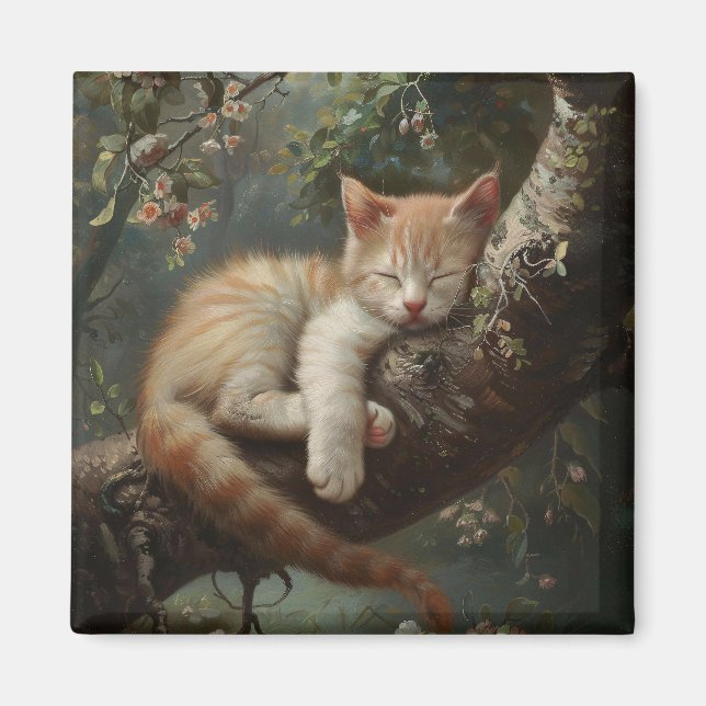 Kitten Sleeping in a Tree Vintage Magnet (Front)