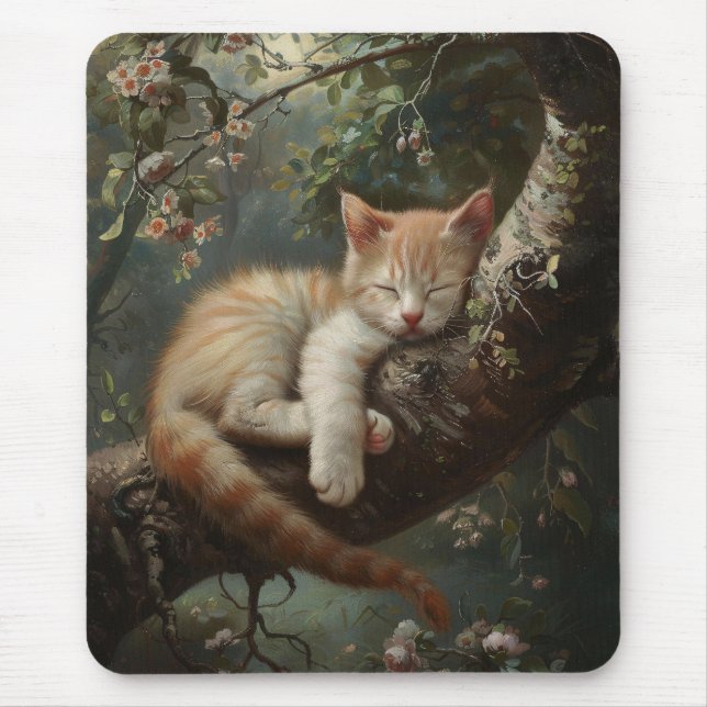 Kitten Sleeping in a Tree Vintage Mouse Mat (Front)