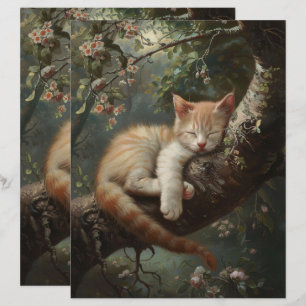 Kitten Sleeping in a Tree Vintage Scrapbook Paper
