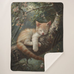 Kitten Sleeping in a Tree Vintage Sherpa Blanket