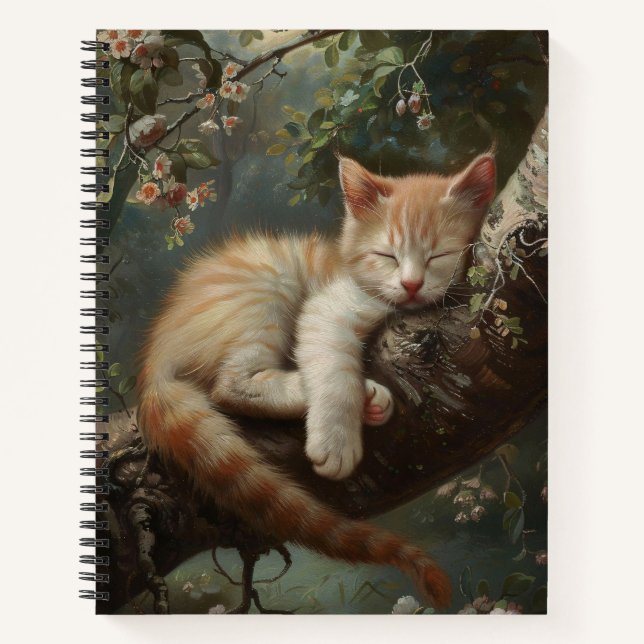 Kitten Sleeping in a Tree Vintage Spiral Notebook (Front)