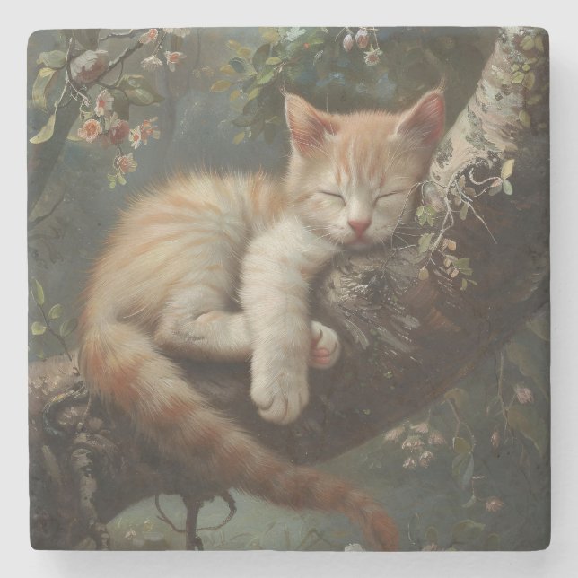 Kitten Sleeping in a Tree Vintage Stone Coaster (Front)
