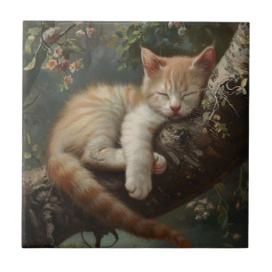 Kitten Sleeping in a Tree Vintage Tile