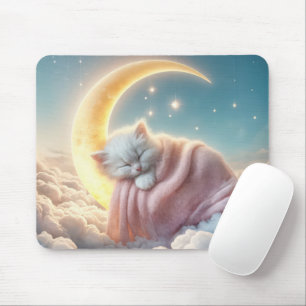 Kitten Sleeping On a Crescent Moon Mouse Mat
