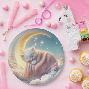 Kitten Sleeping On a Crescent Moon Paper Plate