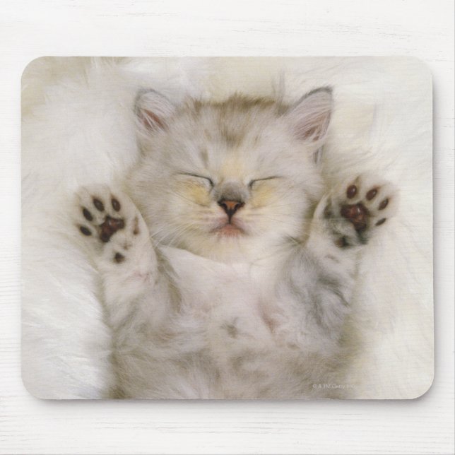 Kitten Sleeping on a White Fluffy Carpet, High Mouse Mat (Front)