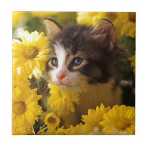 Kitten Sniffs The Yellow Daisies Tile