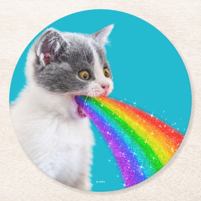 Kitten Spits Up Rainbow Round Paper Coaster (Front)