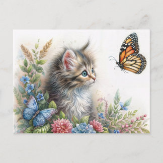 Kitten Staring At Butterfly Floral Art Postcard