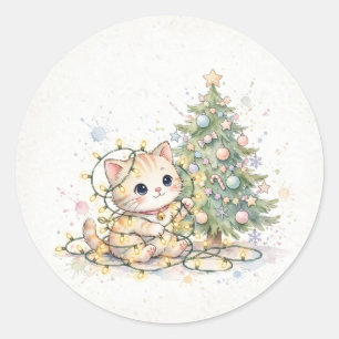 Kitten Tangled in Christmas Lights Classic Round Sticker