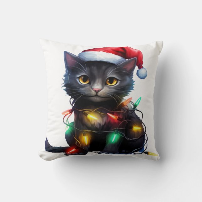 Kitten Tangled In Lights Cushion (Front)