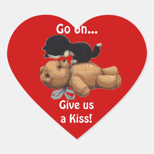 Kitten & Teddy Bear Kissing Fun Heart Stickers (Front)