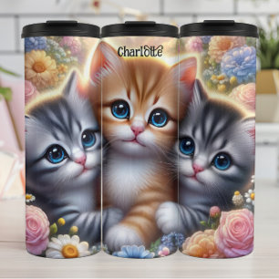 Kitten Trio: Cute, Cuddly, Floral Frame Thermal Tumbler