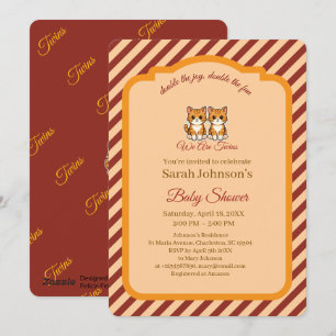 Kitten Twins Baby Shower Orange Burgundy Stripes Invitation