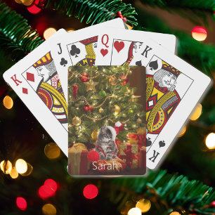 Kitten Under The Tree Personalise Name Christmas  Playing Cards