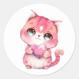  Kitten Valentines Pink Heart Watercolor Cat Love Classic Round Sticker