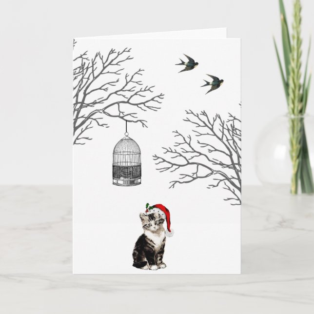 Kitten Vintage Birdcage Christmas Card (Front)