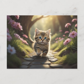 Kitten walking along the path between flowers postcard