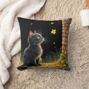 Kitten Watching a Falling Autumn Leaf Cushion
