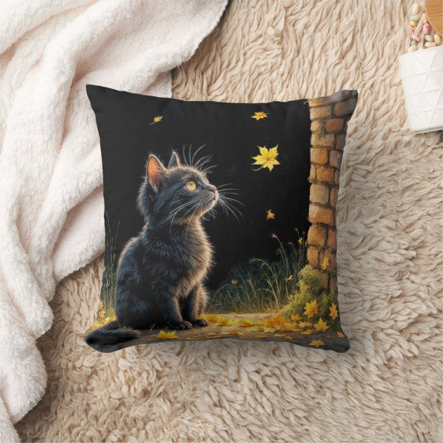 Kitten Watching a Falling Autumn Leaf Cushion (Blanket)