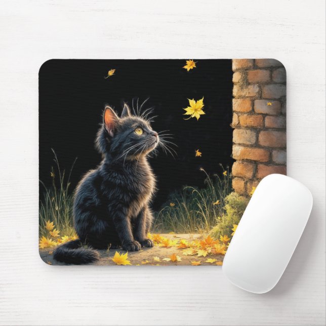 Kitten Watching a Falling Autumn Leaf Mouse Mat (With Mouse)