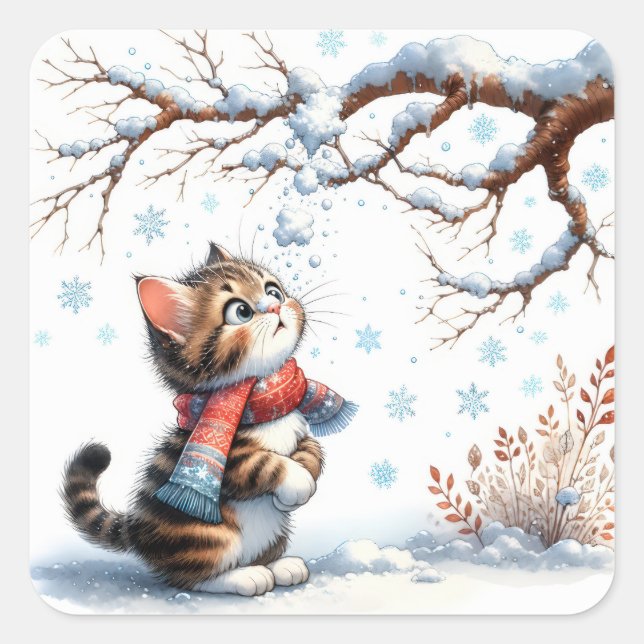 Kitten Watching Falling Snow from Branch Square Sticker (Front)