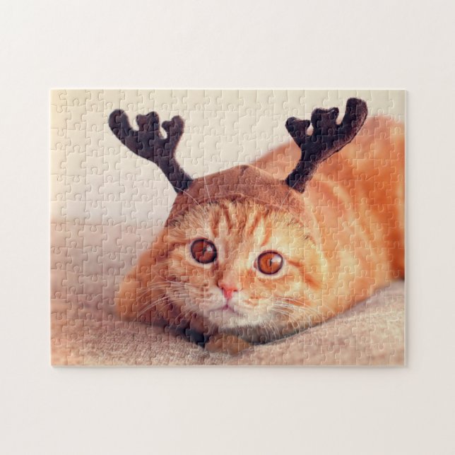kitten wearing a Christmas reindeer hat Jigsaw Puzzle (Horizontal)