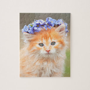 Kitten Wearing a Garland of Purple Flowers Jigsaw Puzzle
