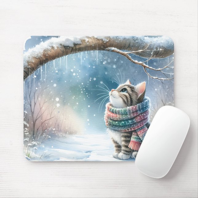 Kitten Wearing a Winter Scarf Mouse Mat (With Mouse)