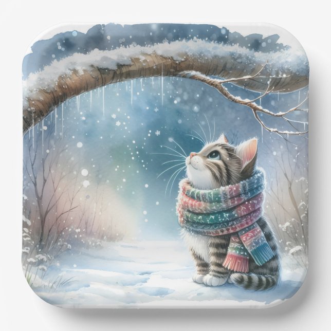 Kitten Wearing a Winter Scarf Paper Plate (Front)