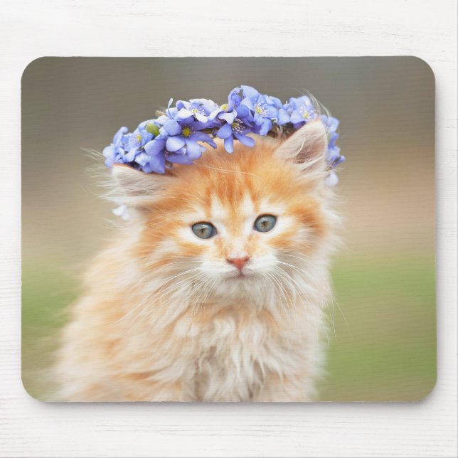 Kitten with a Garland of Purple Flowers Mouse Mat (Front)