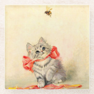 Kitten with a Red Ribbon Glass Coaster