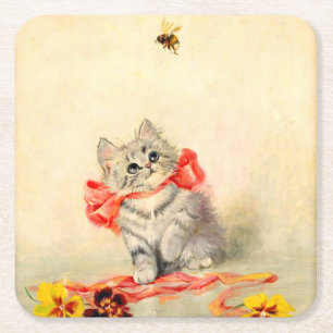 Kitten with a Red Ribbon Square Paper Coaster