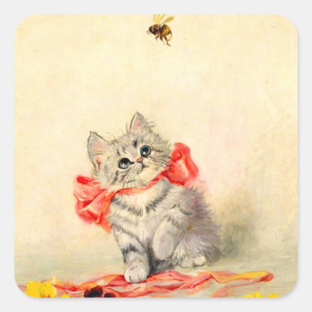 Kitten with a Red Ribbon Square Sticker (Front)