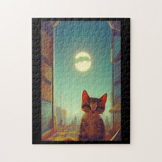 Kitten with big eyes full moon cracked shadow jigsaw puzzle (Vertical)