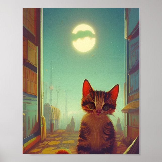 Kitten with big eyes full moon cracked shadow poster (Front)